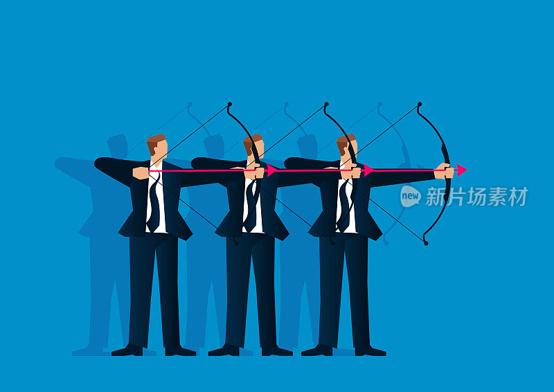 The concept of skill and competition, three businessmen holding bows and arrows to keep shooting at the same level